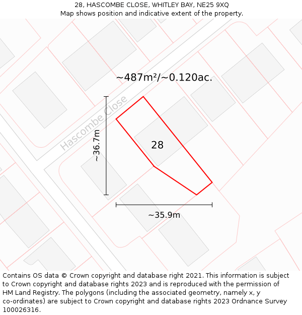 28, HASCOMBE CLOSE, WHITLEY BAY, NE25 9XQ: Plot and title map