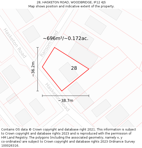 28, HASKETON ROAD, WOODBRIDGE, IP12 4JS: Plot and title map