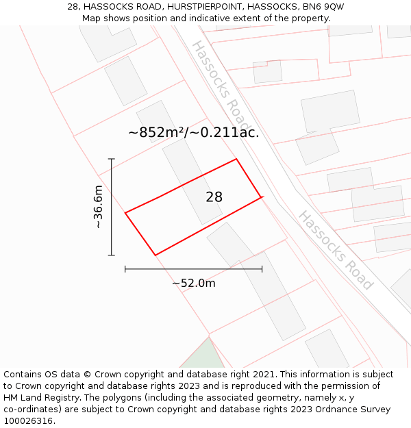 28, HASSOCKS ROAD, HURSTPIERPOINT, HASSOCKS, BN6 9QW: Plot and title map