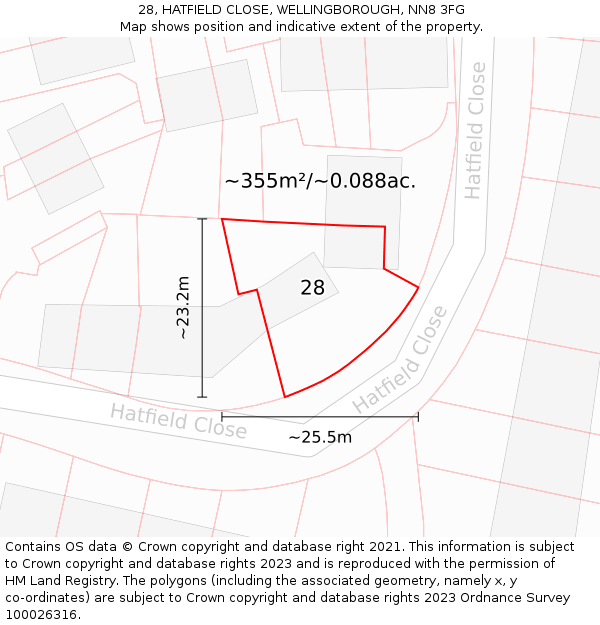 28, HATFIELD CLOSE, WELLINGBOROUGH, NN8 3FG: Plot and title map