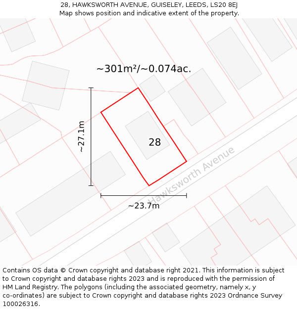 28, HAWKSWORTH AVENUE, GUISELEY, LEEDS, LS20 8EJ: Plot and title map