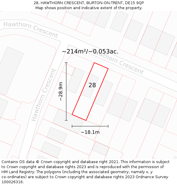 28, HAWTHORN CRESCENT, BURTON-ON-TRENT, DE15 9QP: Plot and title map