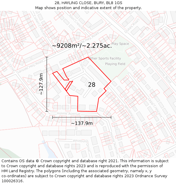 28, HAYLING CLOSE, BURY, BL8 1GS: Plot and title map