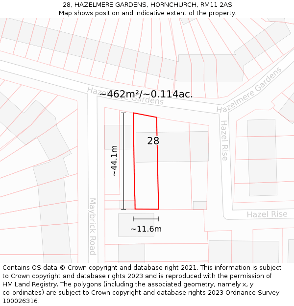 28, HAZELMERE GARDENS, HORNCHURCH, RM11 2AS: Plot and title map