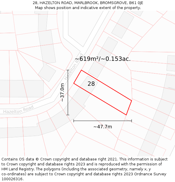 28, HAZELTON ROAD, MARLBROOK, BROMSGROVE, B61 0JE: Plot and title map