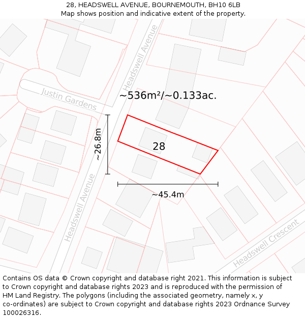 28, HEADSWELL AVENUE, BOURNEMOUTH, BH10 6LB: Plot and title map