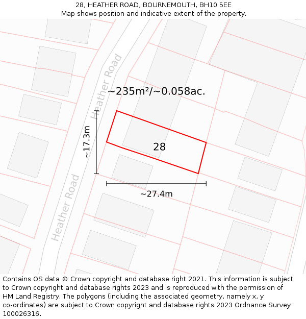 28, HEATHER ROAD, BOURNEMOUTH, BH10 5EE: Plot and title map