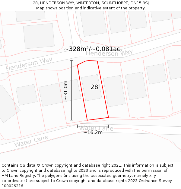 28, HENDERSON WAY, WINTERTON, SCUNTHORPE, DN15 9SJ: Plot and title map