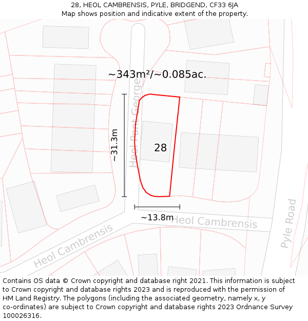 28, HEOL CAMBRENSIS, PYLE, BRIDGEND, CF33 6JA: Plot and title map