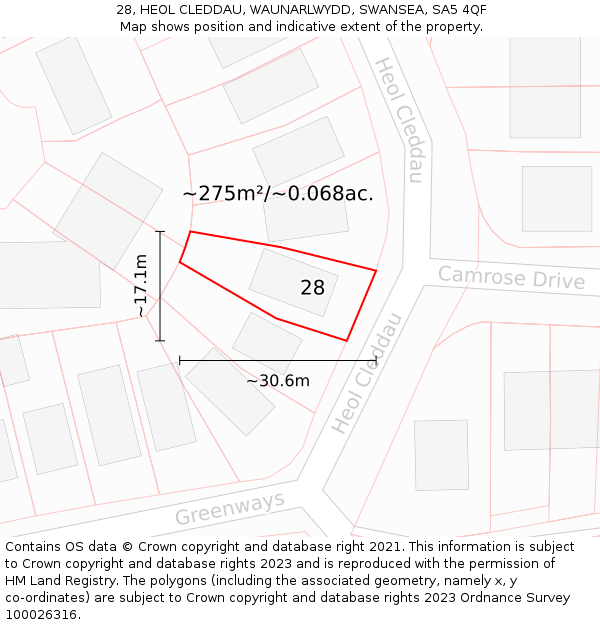 28, HEOL CLEDDAU, WAUNARLWYDD, SWANSEA, SA5 4QF: Plot and title map