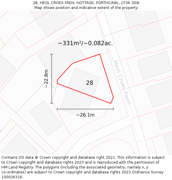 28, HEOL CROES FAEN, NOTTAGE, PORTHCAWL, CF36 3SW: Plot and title map