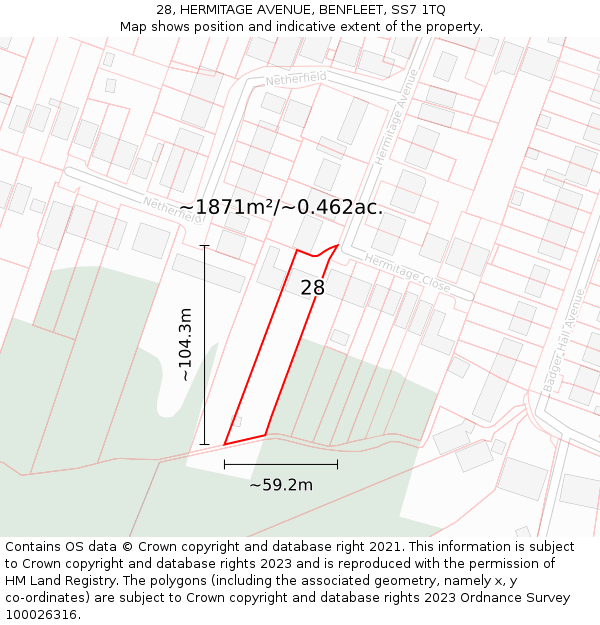 28, HERMITAGE AVENUE, BENFLEET, SS7 1TQ: Plot and title map