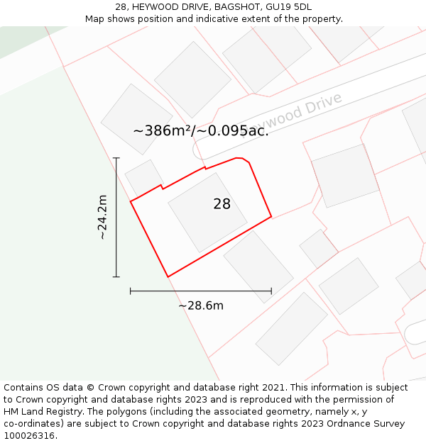 28, HEYWOOD DRIVE, BAGSHOT, GU19 5DL: Plot and title map