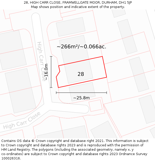 28, HIGH CARR CLOSE, FRAMWELLGATE MOOR, DURHAM, DH1 5JP: Plot and title map