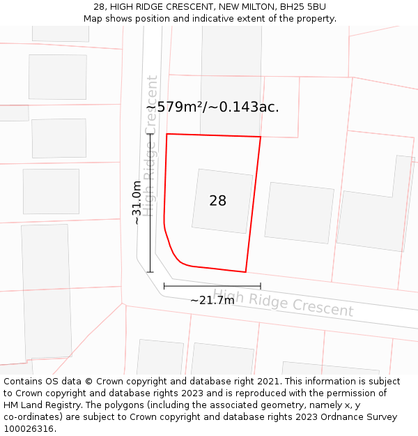 28, HIGH RIDGE CRESCENT, NEW MILTON, BH25 5BU: Plot and title map