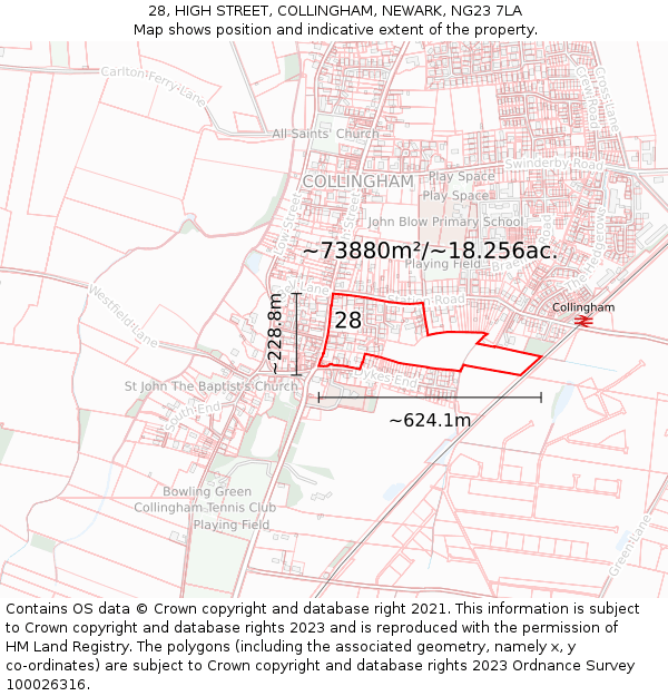 28, HIGH STREET, COLLINGHAM, NEWARK, NG23 7LA: Plot and title map