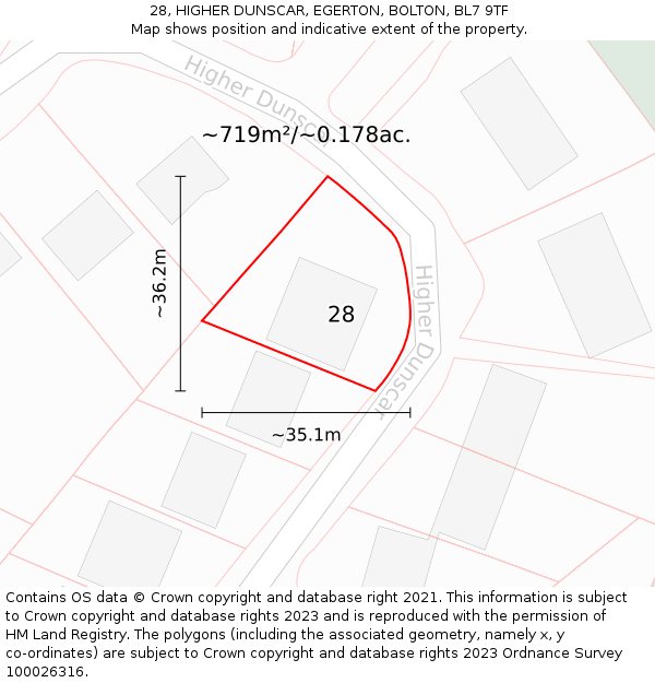 28, HIGHER DUNSCAR, EGERTON, BOLTON, BL7 9TF: Plot and title map