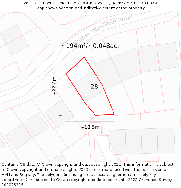 28, HIGHER WESTLAKE ROAD, ROUNDSWELL, BARNSTAPLE, EX31 3XW: Plot and title map