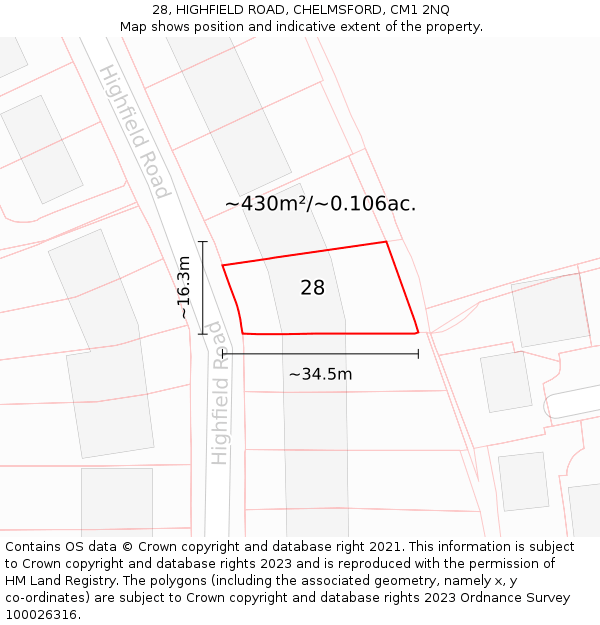 28, HIGHFIELD ROAD, CHELMSFORD, CM1 2NQ: Plot and title map