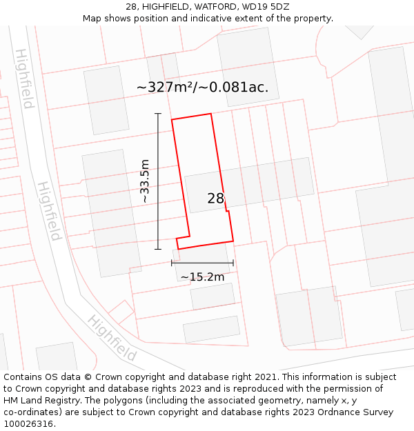 28, HIGHFIELD, WATFORD, WD19 5DZ: Plot and title map