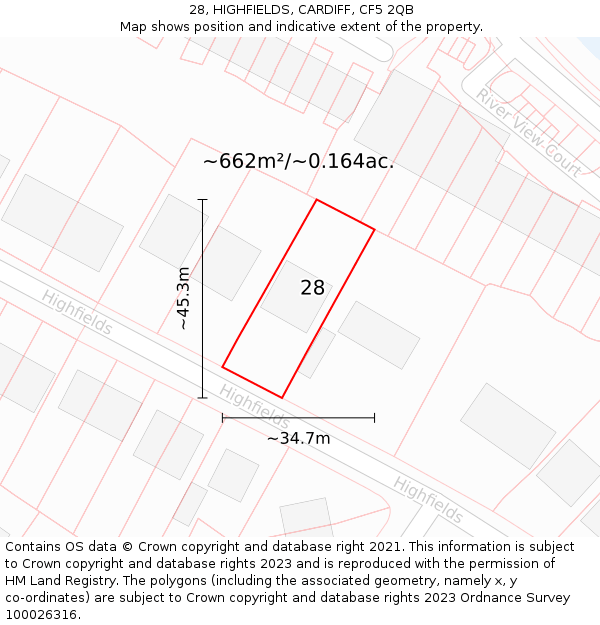 28, HIGHFIELDS, CARDIFF, CF5 2QB: Plot and title map