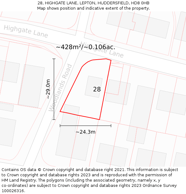 28, HIGHGATE LANE, LEPTON, HUDDERSFIELD, HD8 0HB: Plot and title map