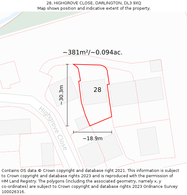 28, HIGHGROVE CLOSE, DARLINGTON, DL3 9XQ: Plot and title map