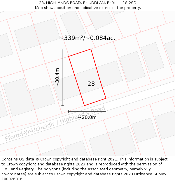 28, HIGHLANDS ROAD, RHUDDLAN, RHYL, LL18 2SD: Plot and title map