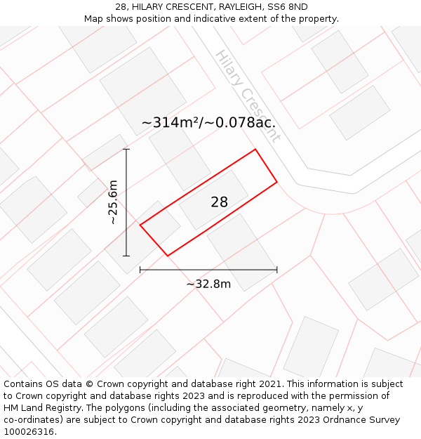 28, HILARY CRESCENT, RAYLEIGH, SS6 8ND: Plot and title map