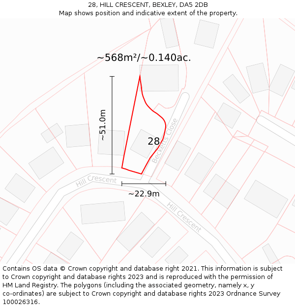 28, HILL CRESCENT, BEXLEY, DA5 2DB: Plot and title map