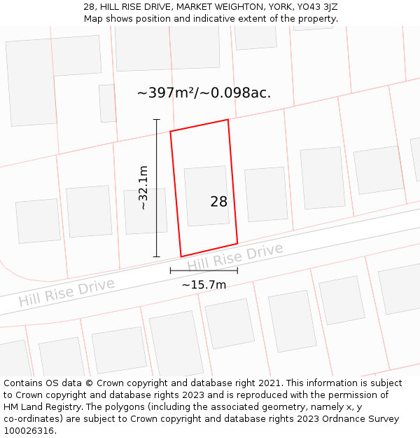 28, HILL RISE DRIVE, MARKET WEIGHTON, YORK, YO43 3JZ: Plot and title map