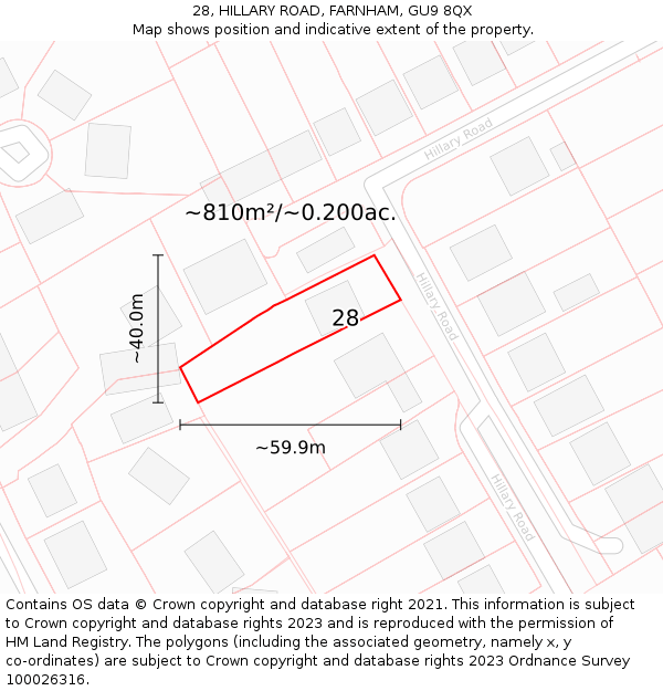 28, HILLARY ROAD, FARNHAM, GU9 8QX: Plot and title map