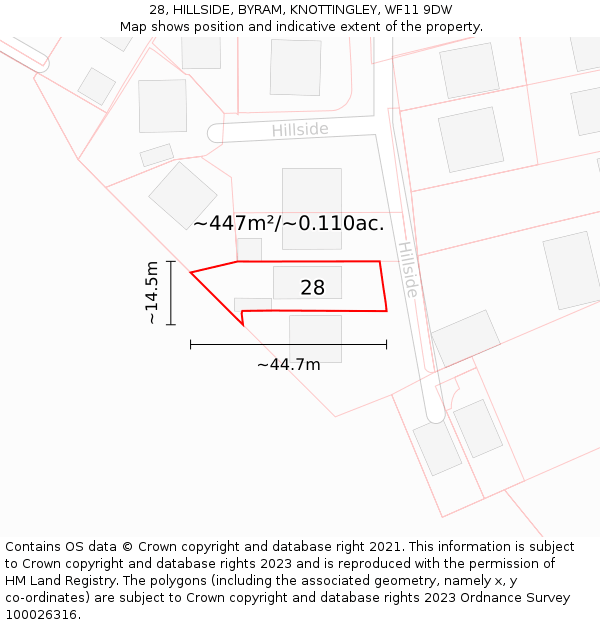 28, HILLSIDE, BYRAM, KNOTTINGLEY, WF11 9DW: Plot and title map