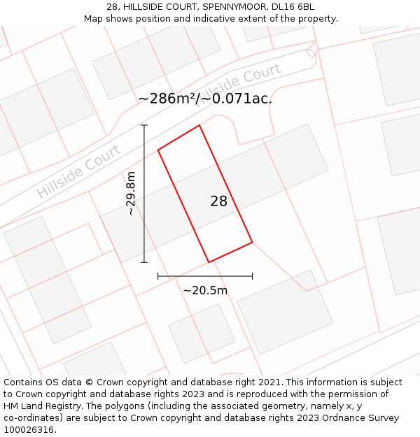 28, HILLSIDE COURT, SPENNYMOOR, DL16 6BL: Plot and title map