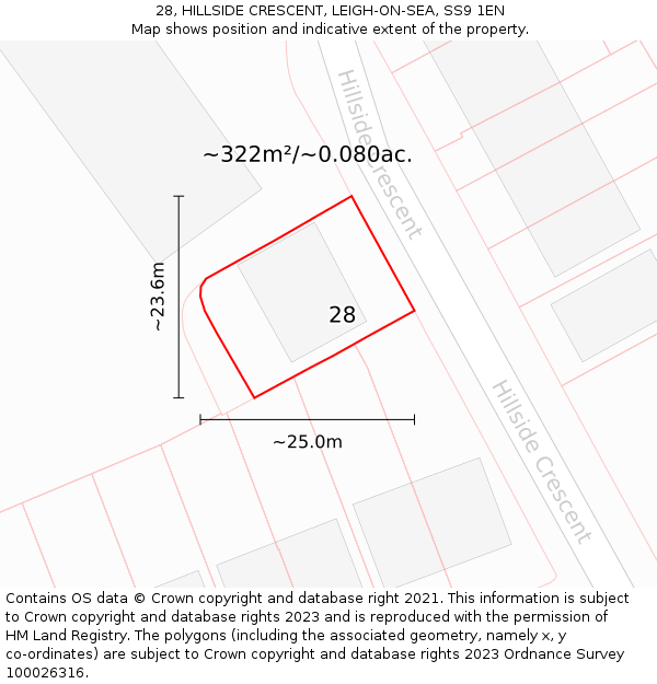 28, HILLSIDE CRESCENT, LEIGH-ON-SEA, SS9 1EN: Plot and title map