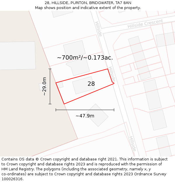 28, HILLSIDE, PURITON, BRIDGWATER, TA7 8AN: Plot and title map