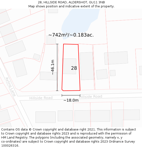 28, HILLSIDE ROAD, ALDERSHOT, GU11 3NB: Plot and title map