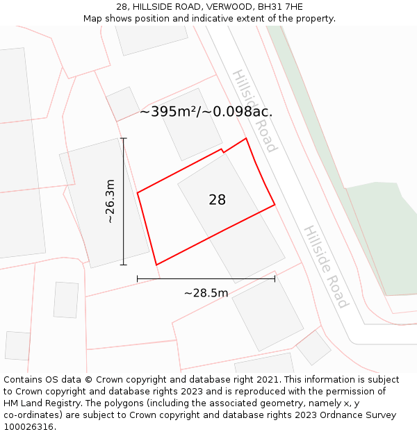 28, HILLSIDE ROAD, VERWOOD, BH31 7HE: Plot and title map