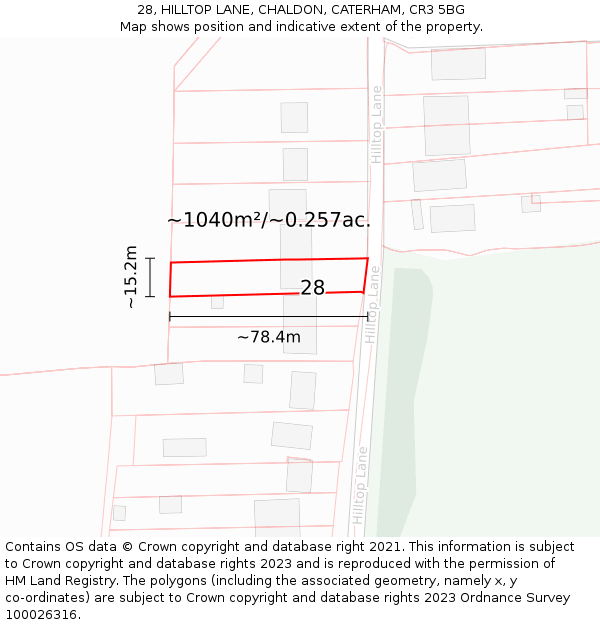 28, HILLTOP LANE, CHALDON, CATERHAM, CR3 5BG: Plot and title map