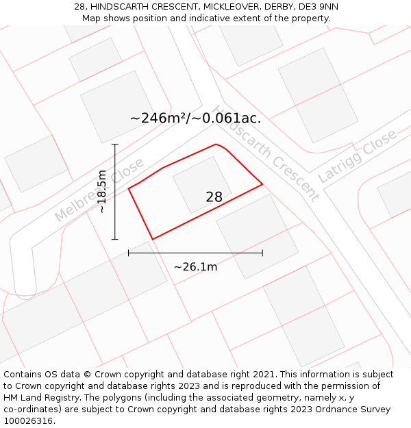 28, HINDSCARTH CRESCENT, MICKLEOVER, DERBY, DE3 9NN: Plot and title map