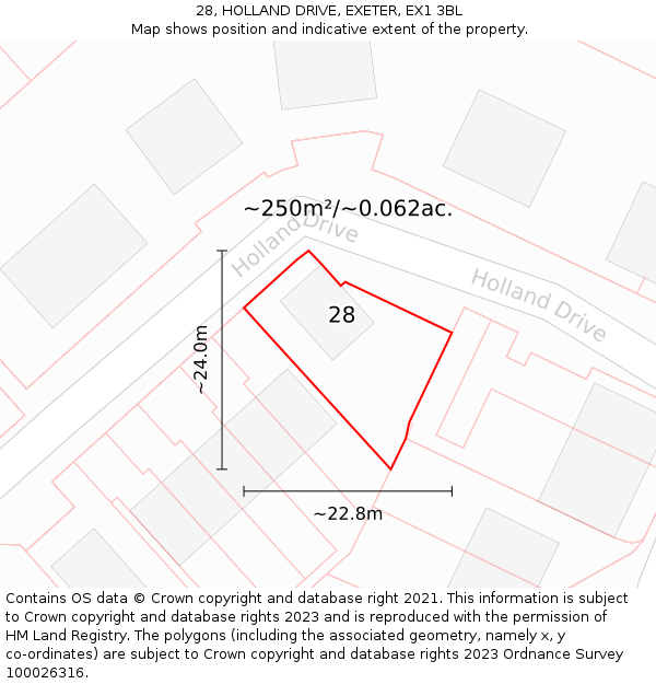 28, HOLLAND DRIVE, EXETER, EX1 3BL: Plot and title map