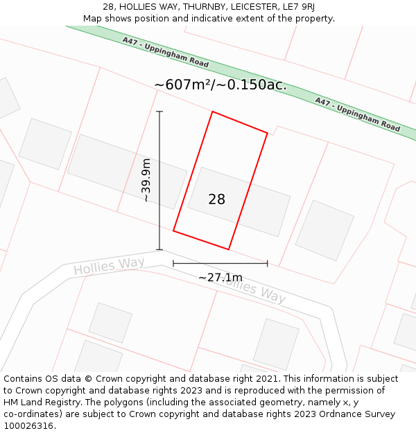 28, HOLLIES WAY, THURNBY, LEICESTER, LE7 9RJ: Plot and title map