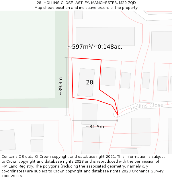 28, HOLLINS CLOSE, ASTLEY, MANCHESTER, M29 7QD: Plot and title map