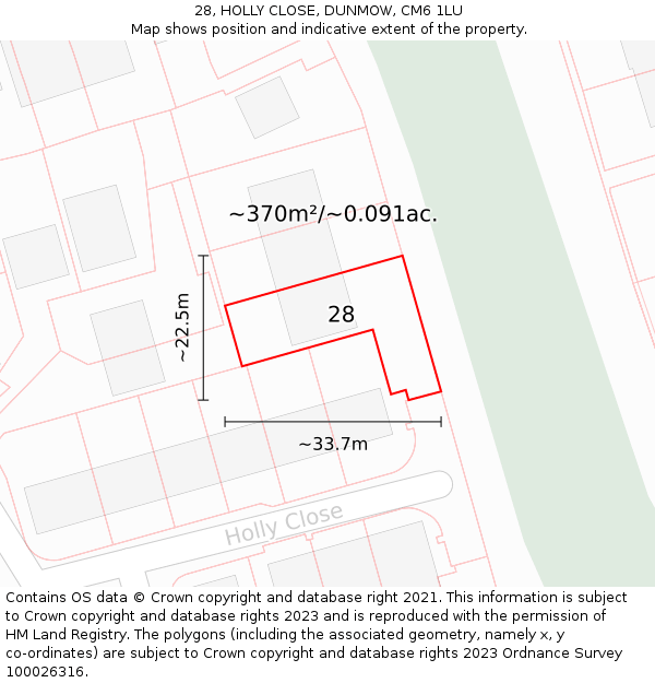 28, HOLLY CLOSE, DUNMOW, CM6 1LU: Plot and title map