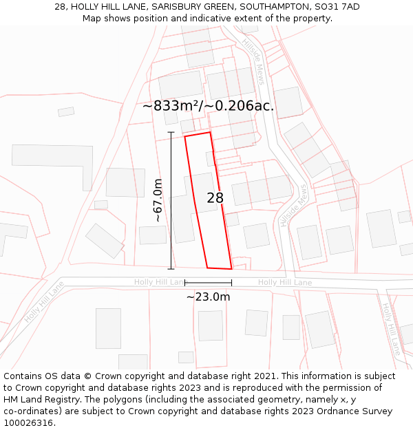 28, HOLLY HILL LANE, SARISBURY GREEN, SOUTHAMPTON, SO31 7AD: Plot and title map