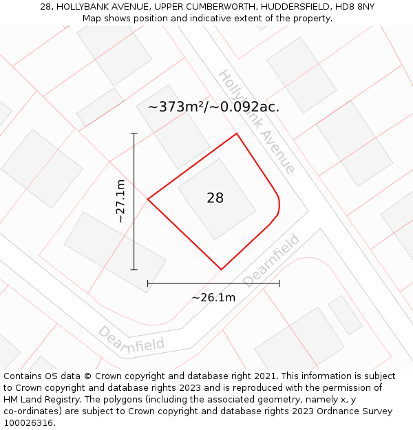 28, HOLLYBANK AVENUE, UPPER CUMBERWORTH, HUDDERSFIELD, HD8 8NY: Plot and title map