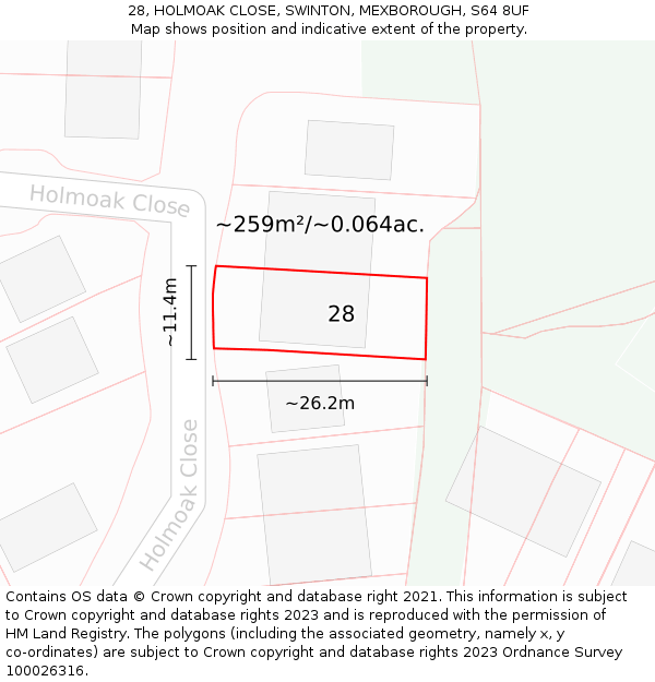 28, HOLMOAK CLOSE, SWINTON, MEXBOROUGH, S64 8UF: Plot and title map