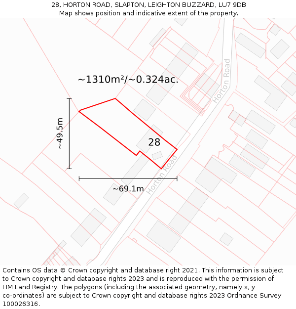 28, HORTON ROAD, SLAPTON, LEIGHTON BUZZARD, LU7 9DB: Plot and title map