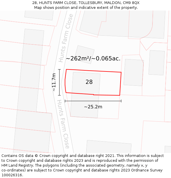 28, HUNTS FARM CLOSE, TOLLESBURY, MALDON, CM9 8QX: Plot and title map