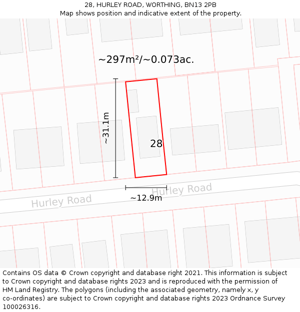 28, HURLEY ROAD, WORTHING, BN13 2PB: Plot and title map